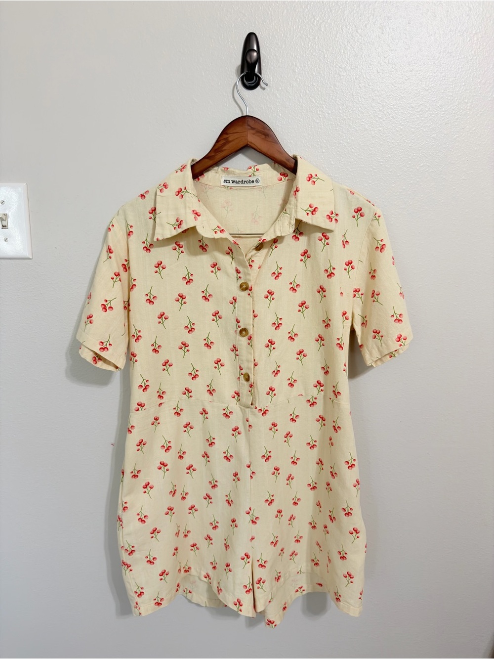 Wardrobe Collective Cream Short-Sleeve Romper with Red Cherry Print